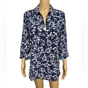MICHAEL KORS Long Roll-tab Sleeve Floral Blue Hibiscus Tunic Top Blouse Size L